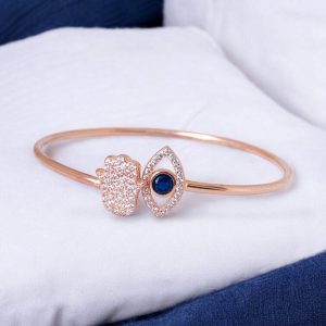 Divine Aura – Rose Gold Hamsa & Evil Eye Silver Bracelet