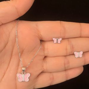 Pink Butterfly Charm Pendant Set for Girls
